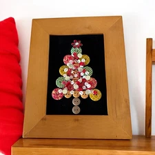 Jewelry Collage Wood Framed Christmas Tree 9.75” X 7.75” multicolor Buttons 159