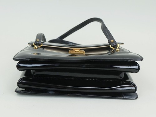 Kleine Handtasche 60er Jahre schwarzer Lack helles Leder eckige Form - Bild 7 von 9