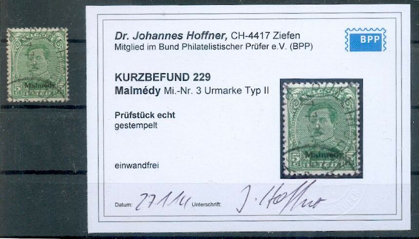 Malmedy 3II URMARKENTYPE! Stamped BPP Certificate -,-EUR (G7163