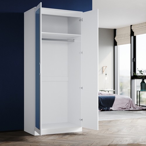 2 Door Wardrobe With Mirror High Gloss Storage Cupboard Furniture White - Picture 6 of 11