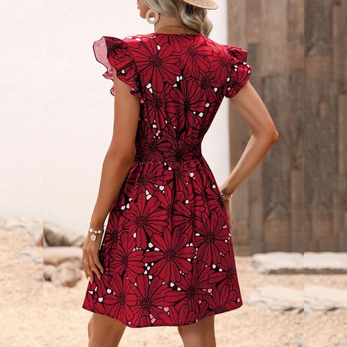 Damen V-Ausschnitt Kleid Damen Rüschen Ärmelloses Kleid Sommerkleider ≌ - Picture 19 of 30