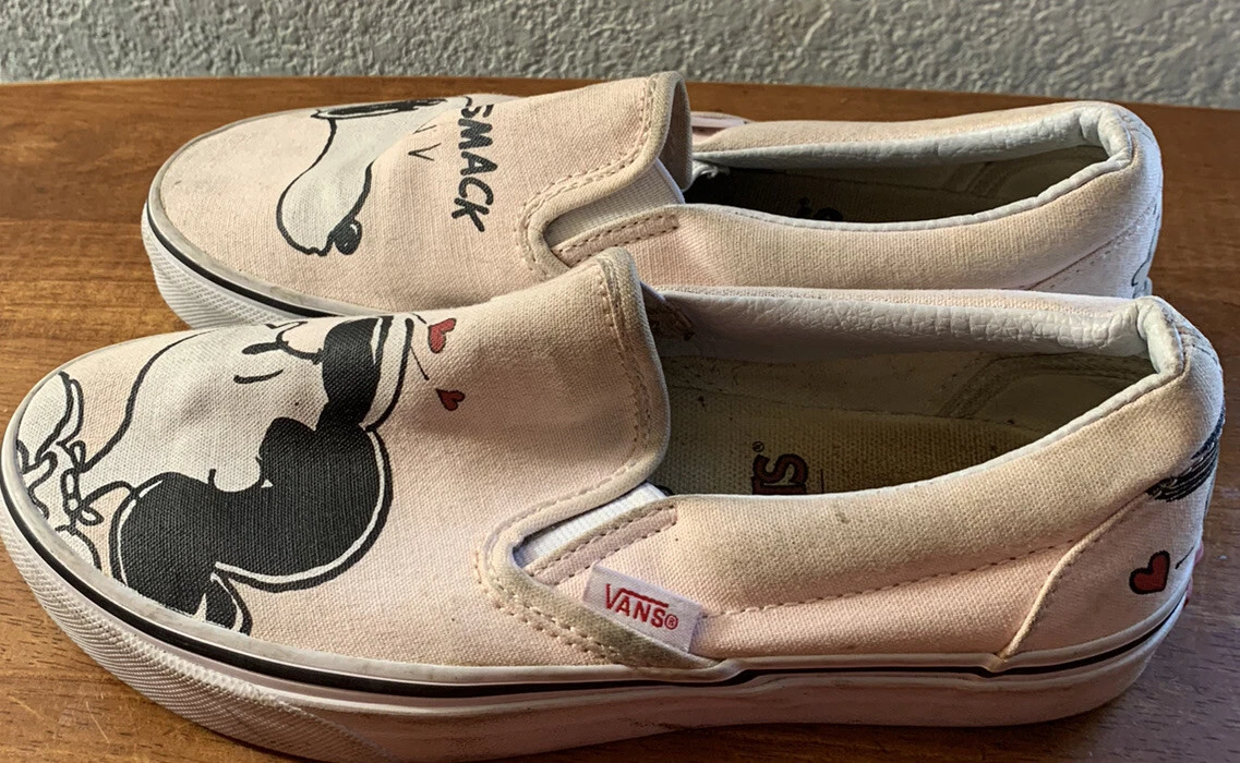 Vans X Peanuts Snoopy Kisses Pink Canvas Slip On Shoes Sz W 6 M