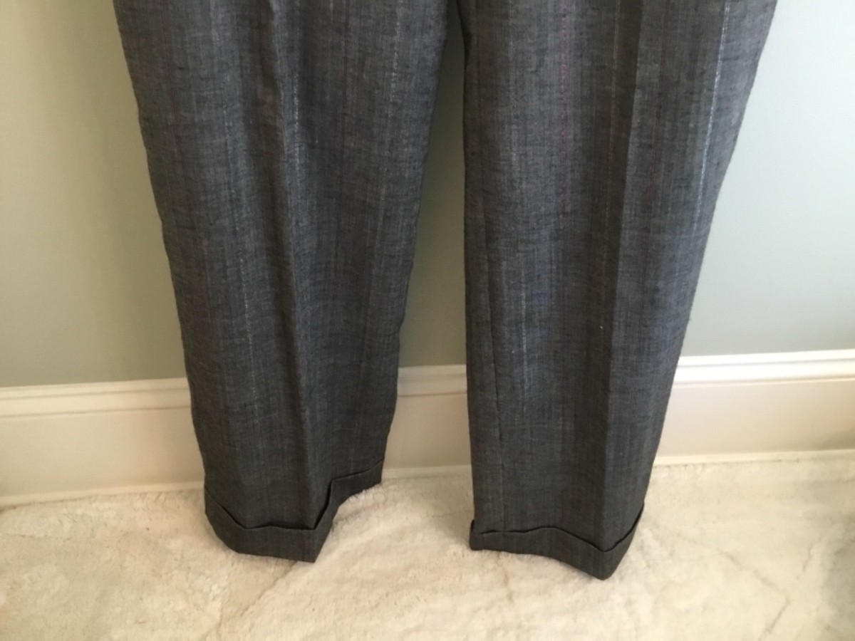 Pantalon Robe Yansi Fugel Taille 6 - Laine Mélangée, Gris Rayé Rouge, Ourlets - Occasion Très Bon état