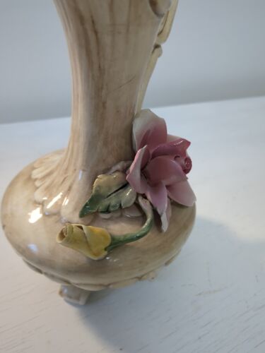Beautiful Italian Capodimonte 9” Vase Handled & Footed Pink Flowers & Stamp - Picture 9 of 13