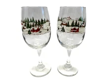 2 Libbey Currier & Ives Christmas Winter Snowy Scene Goblet Wine Glasses + more