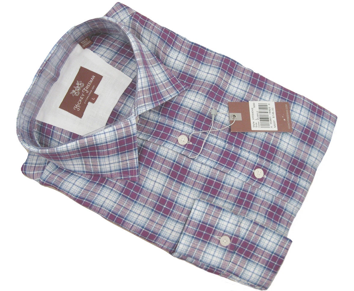 NEW $195 Hickey Freeman Linen Shirt! Large Purple & White Plaid Lightweight