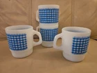 Vintage Mid Century Fire King Milk Glass Blue Gingham Stacking Coffee Mugs Cups
