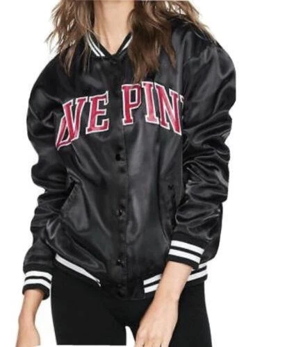UNDERCOVER Cappotto nero ROSA Victoria's Secret Love Rosa Bomber Varsity raso a scatto S