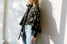 Mille Gigi Tie Blouse, Puff Sleeve, Black Bouquet Floral Print, Size S Nordstrom