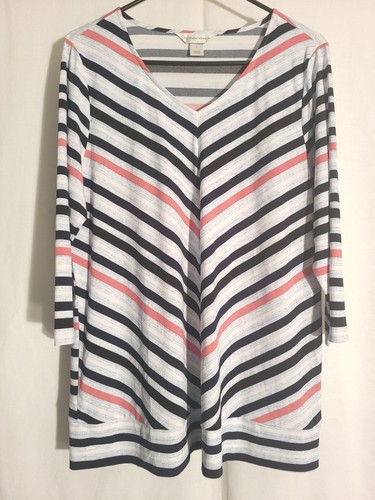 Christopher Banks-Heather Blue White Peach Striped 3/4 Sleeve Knit Top-LARGE
