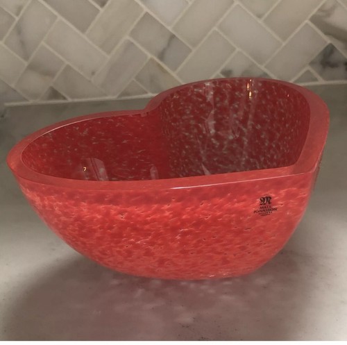 Swedish Red Heart Glass Bowl Mats Jonasson Maleras Sweden Vintage - Picture 2 of 6