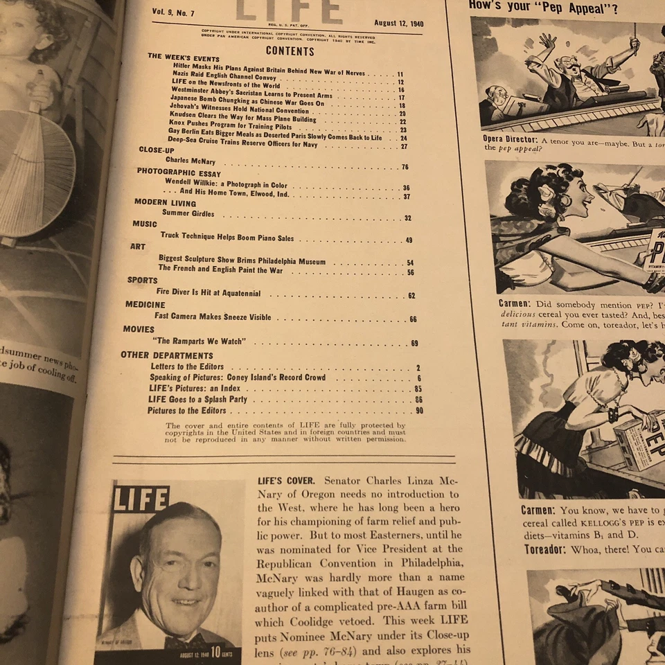 LIFE Magazine 1940 McNary Oregon Hitler Japanese War Summer Beach Willkie Art Ad - Image 4 of 4