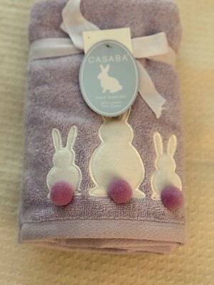2 purple  Hand Towels white Easter Bunny Rabbit with purple pompoms  by Kasaba