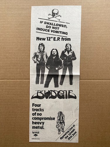 BUDGIE IF SWALLOWED DO NOT INDUCE VOMITING MEMORABILIA Original music press adve