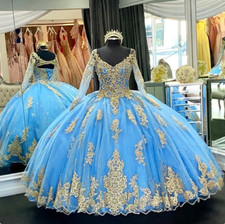 Long Sleeves Blue Ball Gown 15 Year Old Girls Quinceanera Dresses Gold Appliques