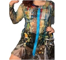 Fleur De Lis WhimsyGoth Sheer Exposed Zip Dress Pockets Sexy M Grunge Fairy