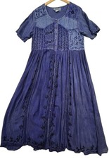 Vintage MPH Womens Boho Embroidered Button-Front Maxi Dress Size 1X Blue