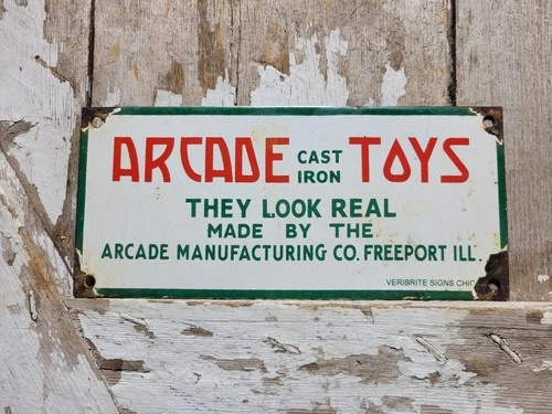 VINTAGE ARCADE TOYS PORCELAIN SIGN VERIBRITE ILLINOIS CHILDRENS CAST IRON GAMES