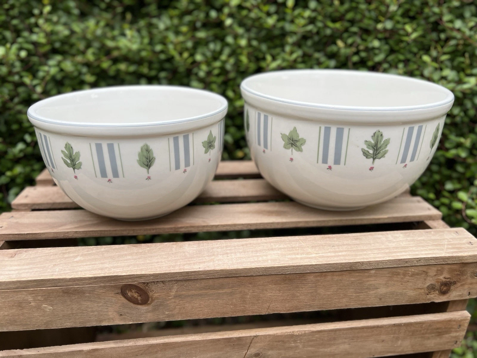 Damon Wood Stoneware Mixing Bowls Set of 2 Leaf Stripe Design WSP Kitchen