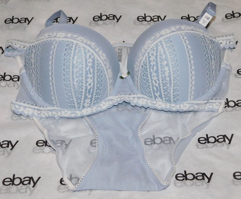 NEW Victoria's Secret Pink Wink Push-Up Bra 36C Blue Lace & Bikini Set Large VS