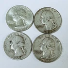 Washington Quarters, LOT OF 4 - 90% Silver 1932 - 1964, Circulated Coins #8603