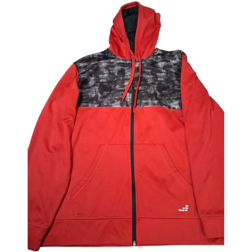BCG Mens Large Jacket Red Hooded Zip Front 100% Polyester Pockets Black Trim - product listing photo