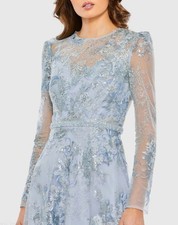 Mac Duggal 68020 Blue Embellished Illusion Long Sleeve Midi Dress Sz 24 NWT $498