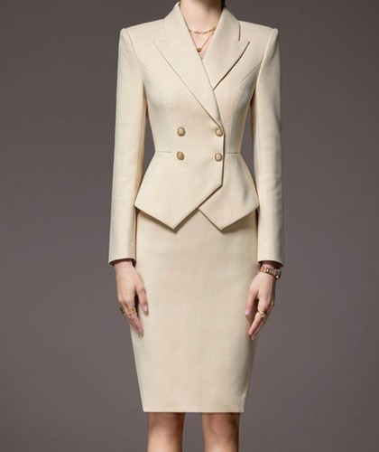 Elegant Damen Anzug Doppelreihige Jacke Formell Rock Spitzkragen Bürotauglich - Bild 3 von 8