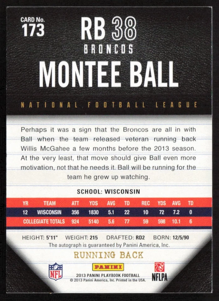 2013 Panini Playbook Auto #/49 Montee Ball #173 Rookie Broncos - Image 2 of 2
