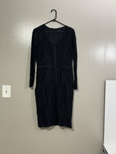 Ann Taylor Dress Womens 8 Tall Black Lace Detail Long Sleeve V-Neck Sheath   C63