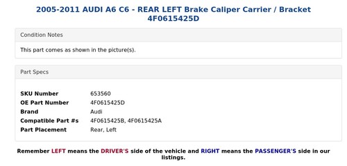2005-2011 AUDI A6 C6 - REAR LEFT Brake Caliper Carrier / Bracket 4F0615425D - Picture 5 of 6