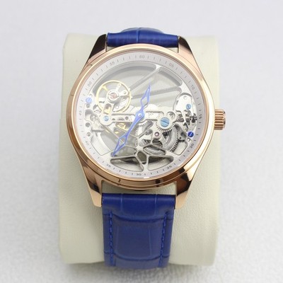 Men's Watch Flywheel Automatic Mechanical Wristwatches White Dial Blue Leather
