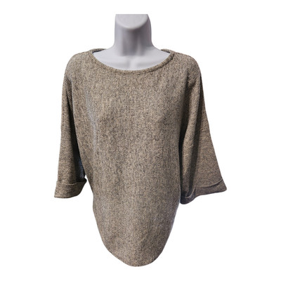 Max Studio London Marled Knit Boatneck Top Tan Black 3/4 Sleeve Oversized L