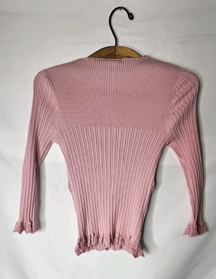 Suéter Y2K Ellemenno Rosa Acanalado Tejido Cuello en V Top Volantes Recortado Talla L Foto 4 de 4