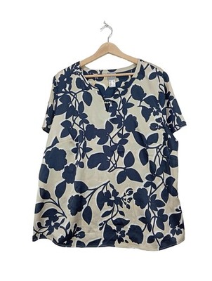FAIR LADY Kurzarm-Bluse Damen Bluse Gr. DE 46 creme-blau-weiß Casual-Look