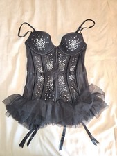 Victoria's Secret 34B Black Ruffle Rhinestone Corset Neglige Teddy Garter Straps