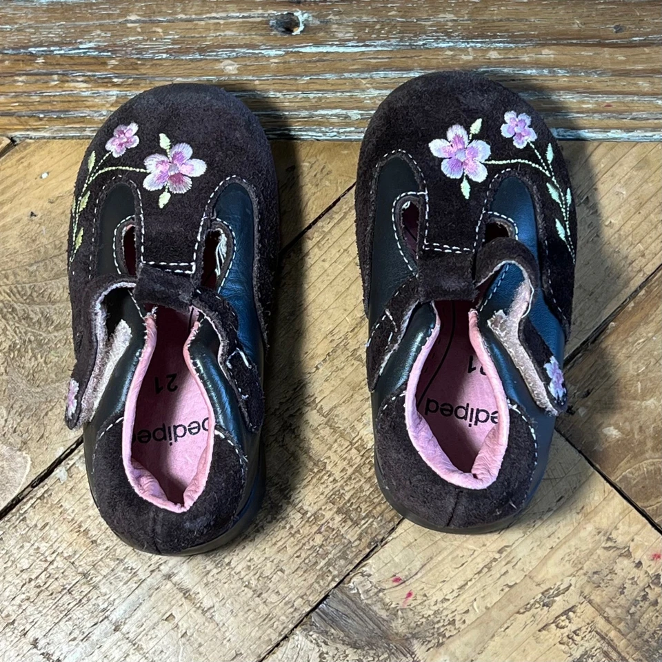 Zapatos Pediped Marrón Cuero Gamuza Floral Bordado Niño Pequeño Talla US 5 EU 21 Foto 2 de 4