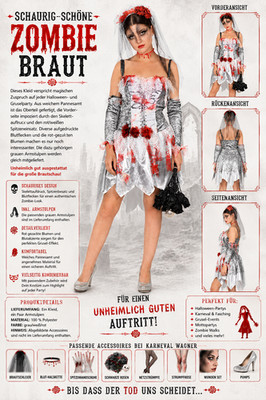 Zombie Braut Kostüm Damen Gr. 44 Halloween Kleid Geisterbraut Horror Grau Weiß R
