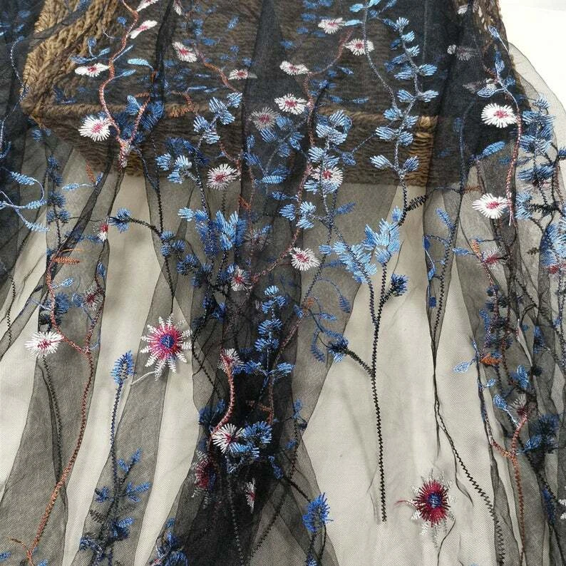 Lace Fabric Embroidery Colorful Floral Mesh Bridal Wedding Dress Fabric By Yard - Image 4 of 4