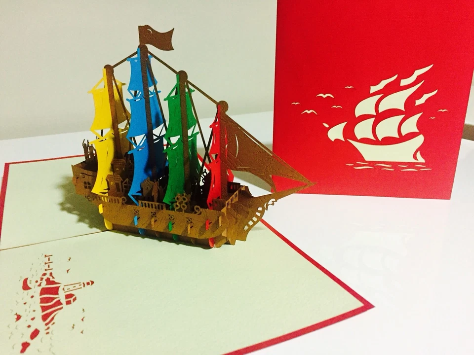 Paquete de 4 tarjetas de felicitación emergentes 3D de barco pirata intrincado para cualquier ocasión Foto 3 de 4