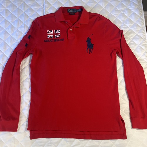 Polo Ralph Lauren Red Long Sleeve Polo Shirt Rugby Mens Medium Great Britain #3