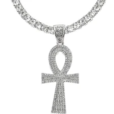 Men's Iced Out CZ Silver Plated Egyptian Ankh Pendant 24" Tennis Chain THC 50
