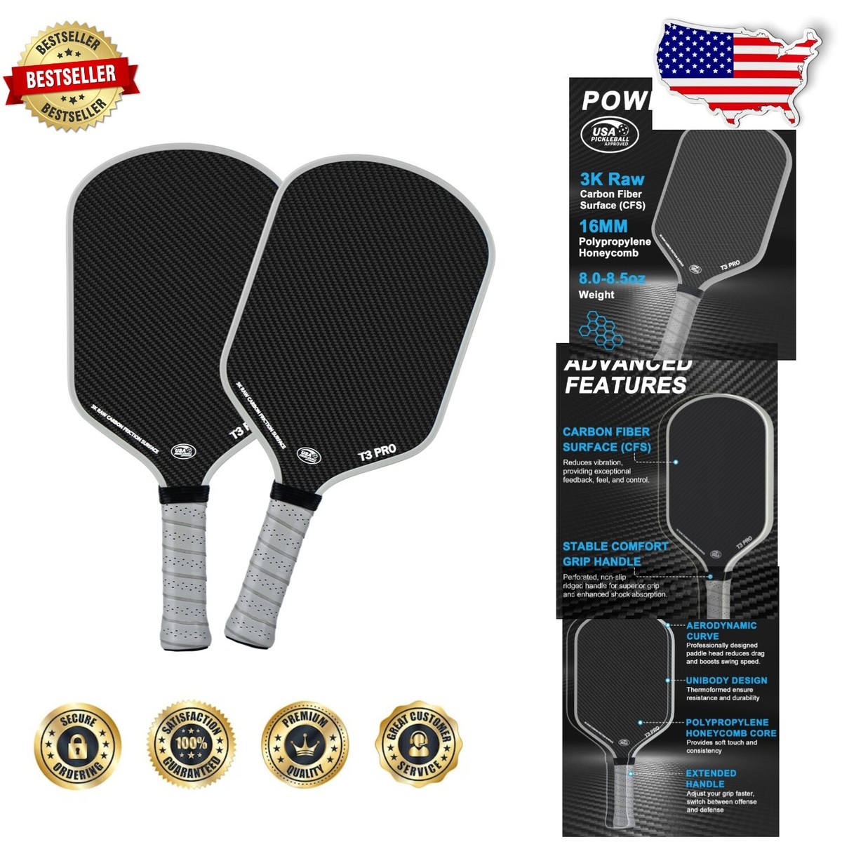 STARR Raw Pro Pickleball Paddle - 16mm Honeycomb Core With 3K Carbon Fiber Face