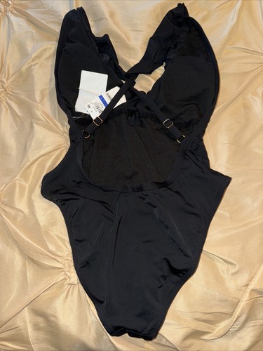 Bar III Black Deep Plunge Ruffle Neck One Piece Maillot Size XL Swimsuit NWT $88 - Picture 7 of 7