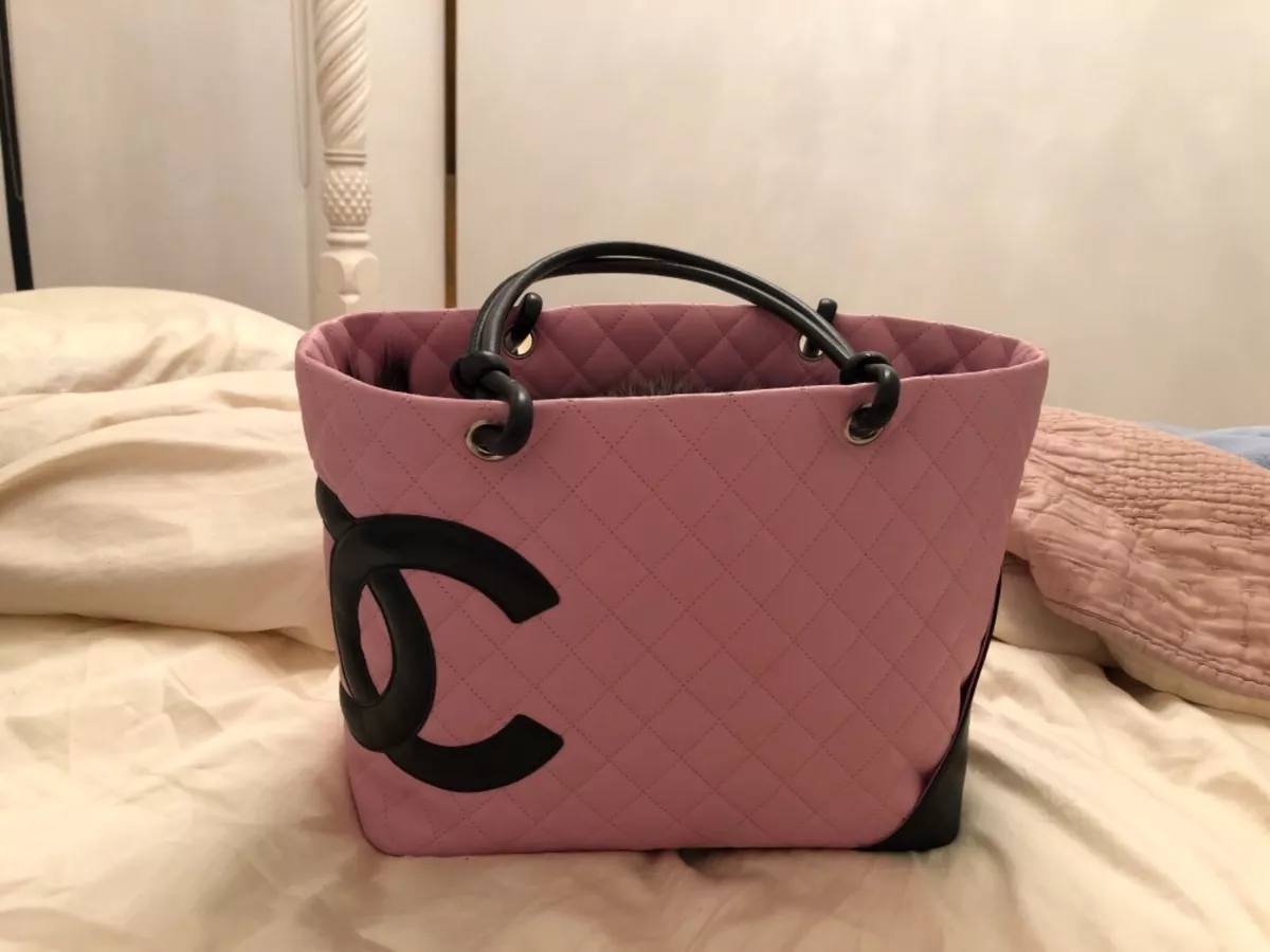 Chanel Cambon Pink Black Lambs Leather Large Shoulder Handbag |