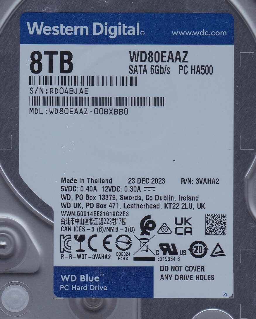 WD80EAAZ-00BXBB0 s/n: RD04 DEC / 2023 R/N: 3VAHA2 8TB SATA WD80EAAZ-00BXBB0 s/n: RD04 DEC / 2023 R/N: 3VAHA2 8TB SATA