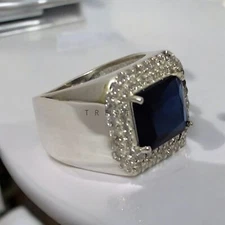 Blue Sapphire Emerald Cut Gemstone With 925 Sterling Silver Ring For Men's #809