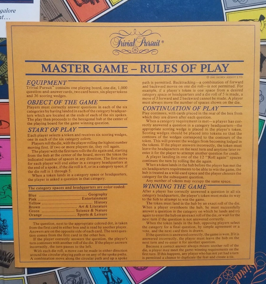 Trivial Pursuit Genus Edition Game Board, Instructions, Code Card & Guide 1981 - Image 2 of 4
