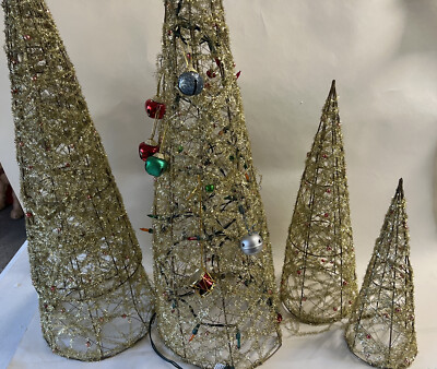 Vintage MCM Atomic Space Age Eames Era Wire Cone Gold Tinsel 22'' Christmas Trees