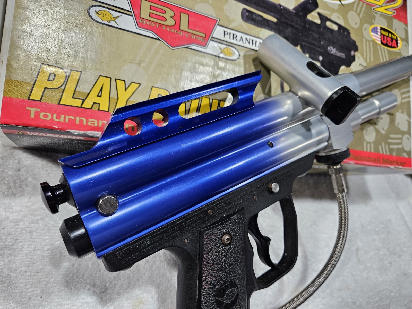 IOB Piranha Silver Blue Fade Bottomline Paintball Gun Spyder Barrel New